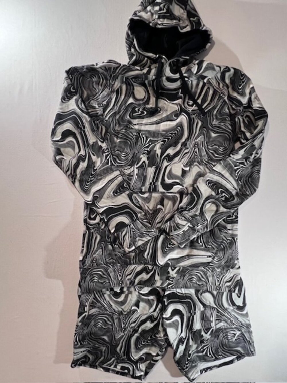 GYMSHARK Men's Black White Marble Dye hoodie and matching shorts set Size Medium